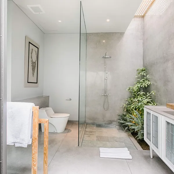 Bathroom with a glass rain shower, bathtub and indoor plants